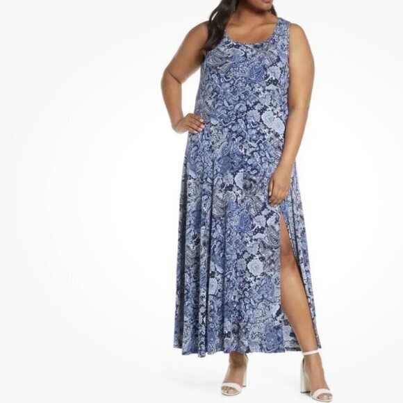 Michael Kors Plus Arabesque Paisley Navy Blue Sleeveless Maxi Sun Dress 2X NWT - Picture 1 of 13